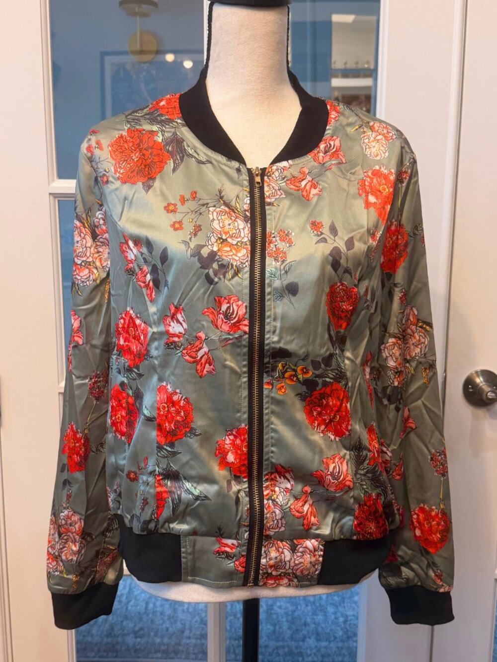 NWT Allegra K Womens Bomber Jacket Size L Army Green Red Floral Satin Full Zip